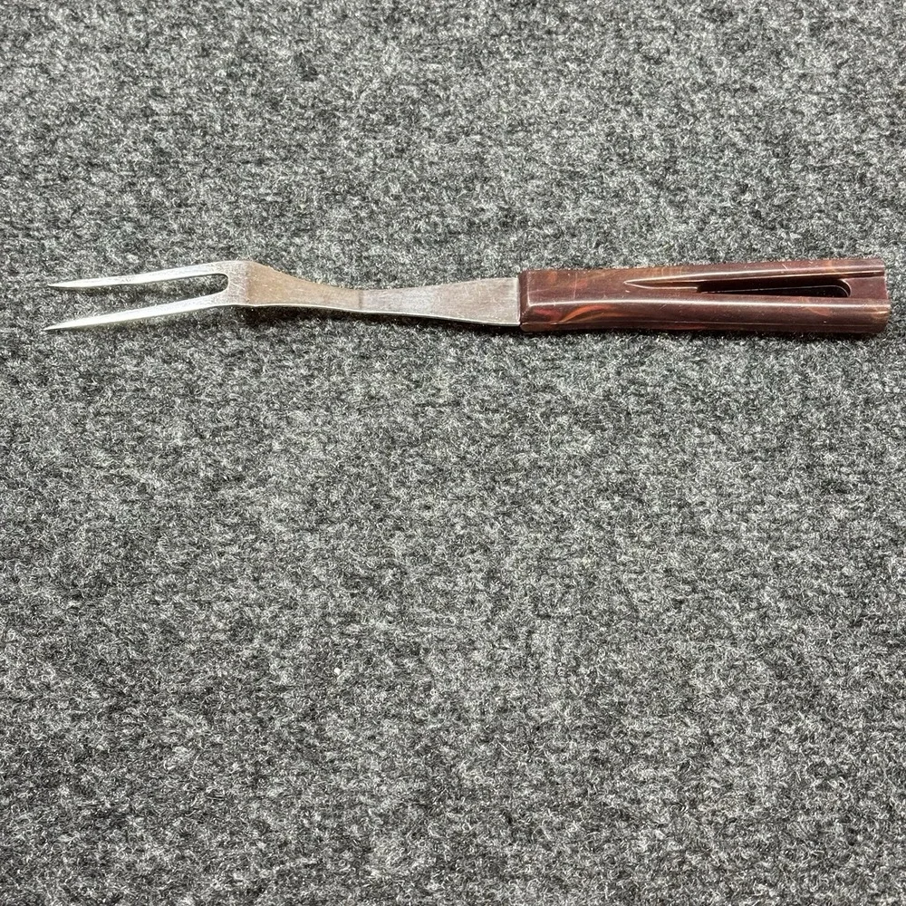 Vintage Stanhome Stainless 2-Prong Meat Serving Fork Red Swirl Bakelite Handle